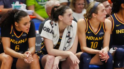 Caitlin Clark on bench with teammates