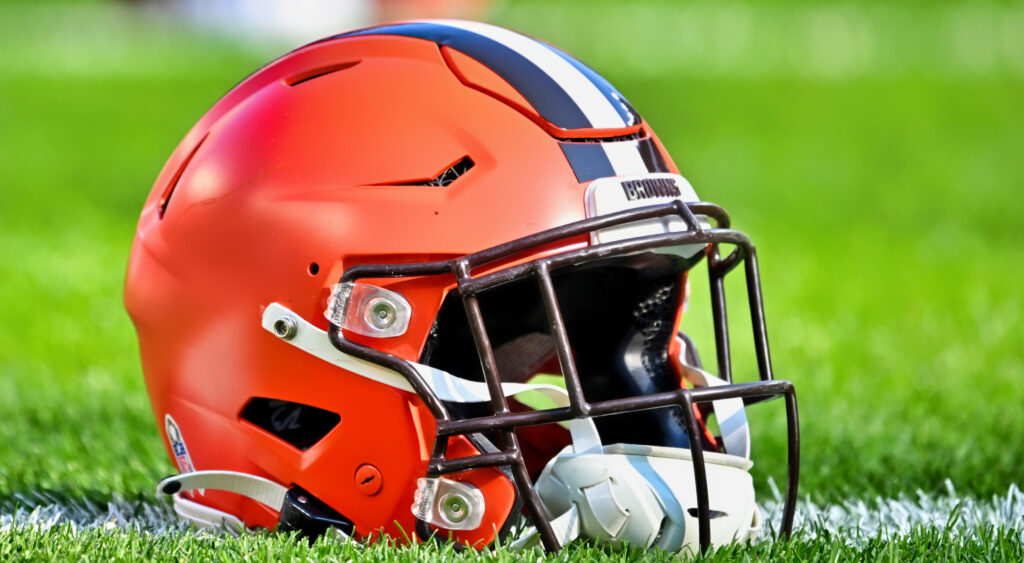 Cleveland Browns helmet on the field. Former Browns RB Duke Johnson announced his retirement. 