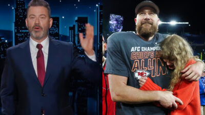 Photos of Jimmy Kimmel monologue and photo of Travis Kelce holding Taylor Swift