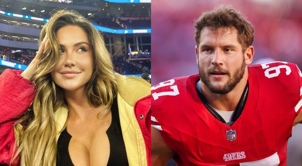 Katie Williams looking on from the stands at a 49ers game and Nick Bosa warming up before a game.