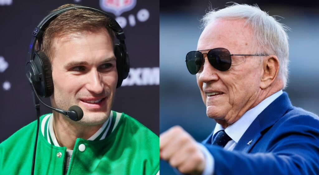 Kirk Cousins on a podcast and Jerry Jones giving a fist bump.