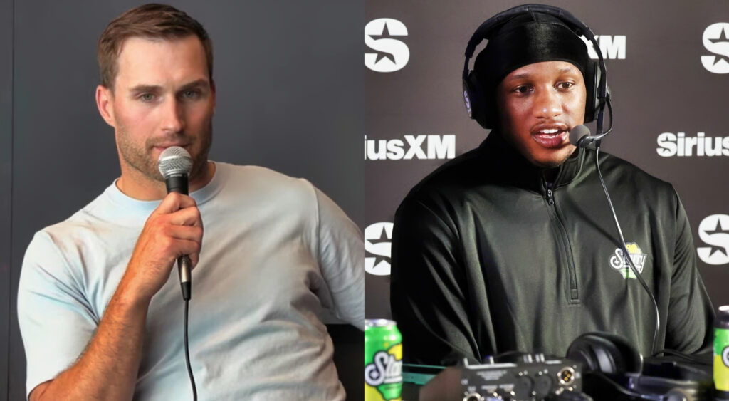 Photos of Kirk Cousins and Michael Penix Jr. speaking into mics