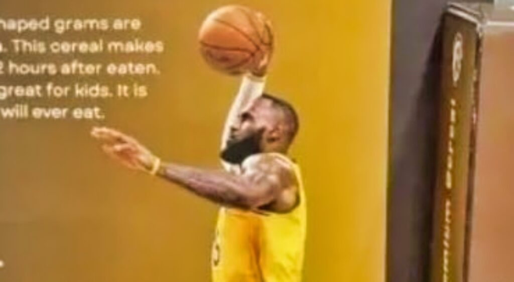 LeBron James throwing down a dunk on a cereal box.