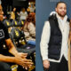 Photo of Magic Johnson sitting down and photo of Steph Curry posing with his mother Sonya Curry