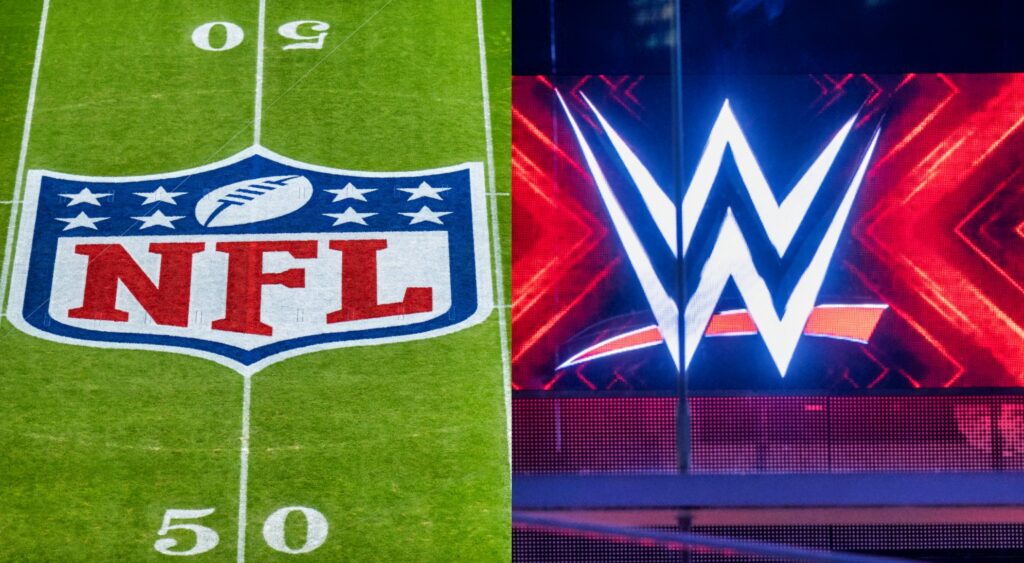 NFL logo shown on field (left) and WWE logo shown on screen (right).