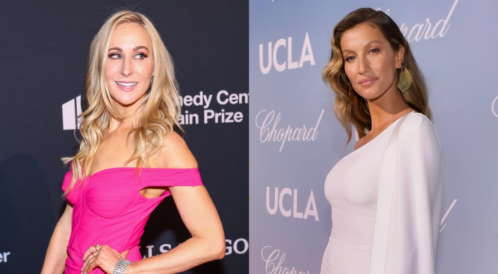 Nikki Glaser posing in a pink dress and Gisele Bundchen on the red carpet in a white dress.