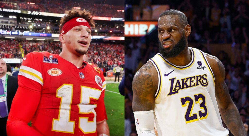 Patrick Mahomes walks off the field after Super Bowl and LeBron James grins during a game.