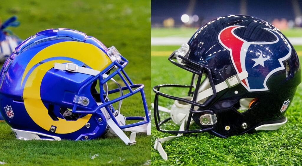 Rams and Texans helmet on ground