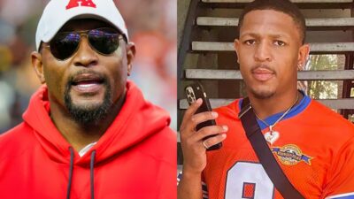 Ray Lewis at Pro Bowl and Ray Lewis III posing in Miami jersey.
