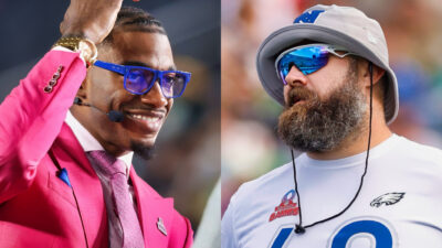 Photo of Robert griffin III scratching his head and photo of Jason Kelce wearing sunglasses and hat
