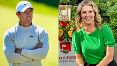 Rory McIlroy on golf course and Amanda Balionis posing while seated