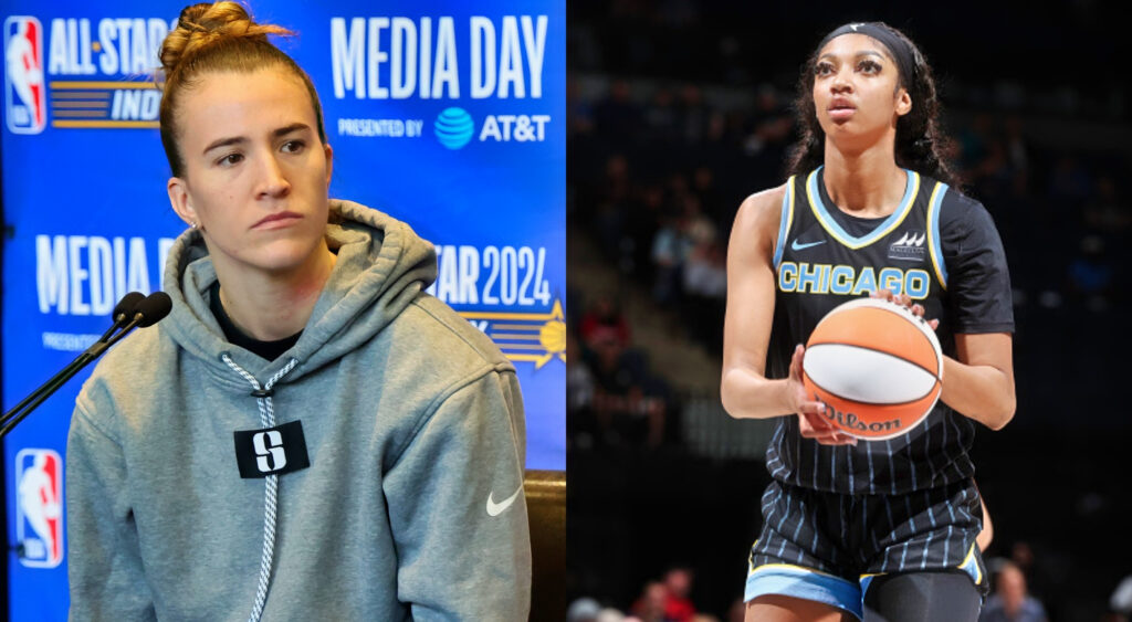 Photo of Sabrina Ionescu at press conference and photo of Angel Reese holding basketball