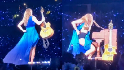 Photos of Taylor Swift fixing her dress