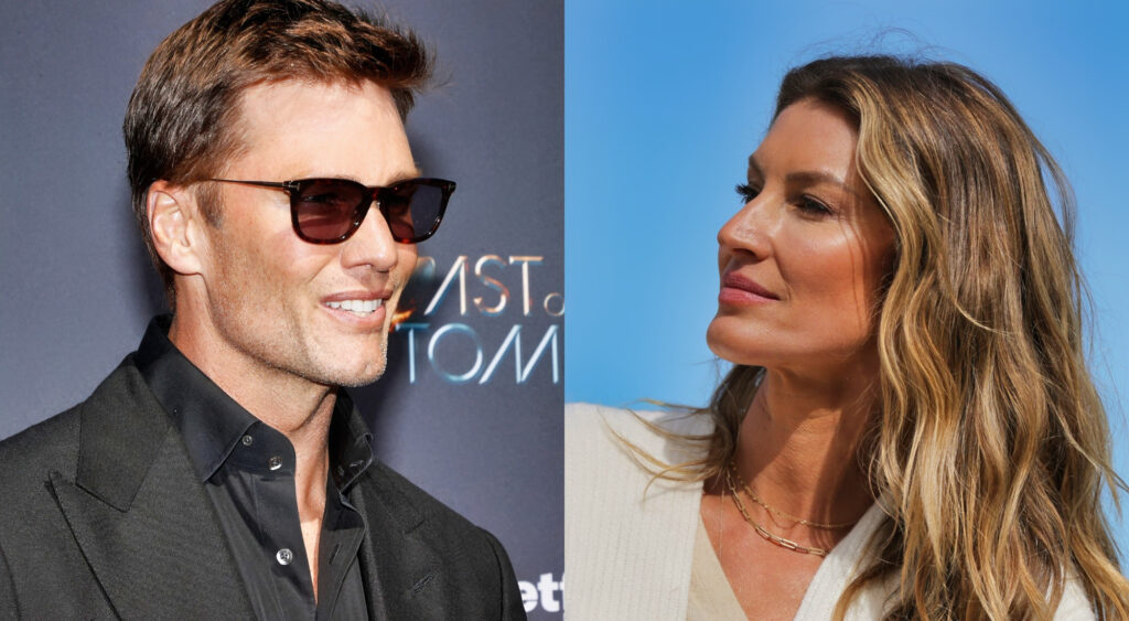 Photo of Tom Brady smiling and photo of Gisele Bundchen looking to her right