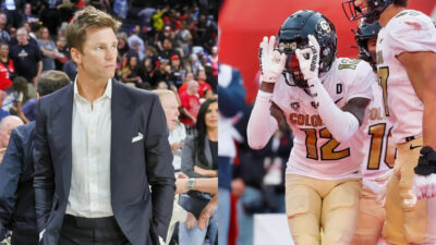 Photo of Tom Brady in suit and photo of Travis Hunter dancing