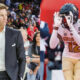 Photo of Tom Brady in suit and photo of Travis Hunter dancing
