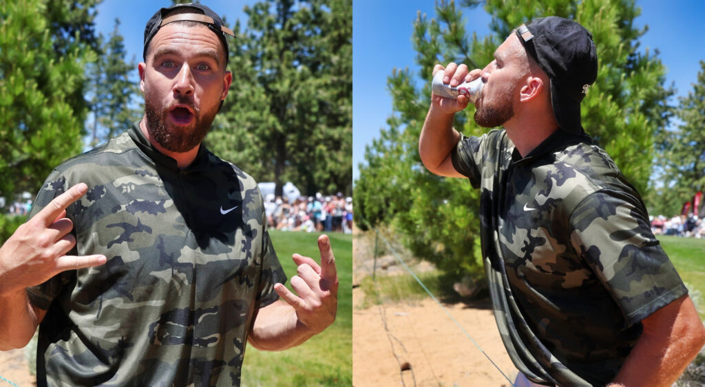 Photos of Travis Kelce gesturing and drinking