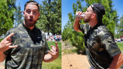 Photos of Travis Kelce gesturing and drinking