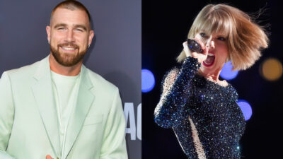 Photo of Travis Kelce smiling and photo of Taylor Swift singing