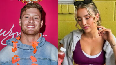Photo of Will Levis smiling and photo of Gia Duddy with her eyes closed