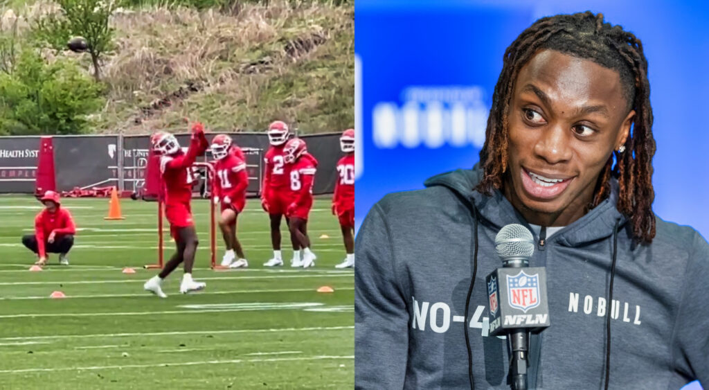 Photo of Xavier Worthy in training with Chiefs and Photo of Xavier Worthy speaking to reporters at Scouting Combine