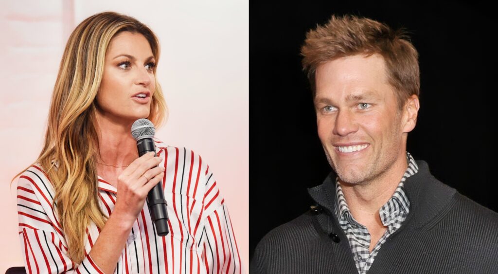 Erin Andrews speaking at event (left). Tom Brady looking on (right).