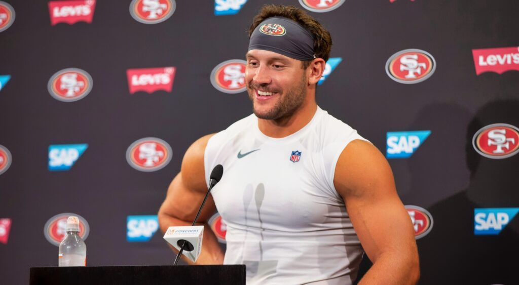 San Francisco 49ers defensive end Nick Bosa speaks to reporters