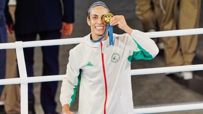 Imane Khelif (ALG) poses with her gold medal in a womens 66kg victory ceremony during the Paris 2024 Olympic Summer Games