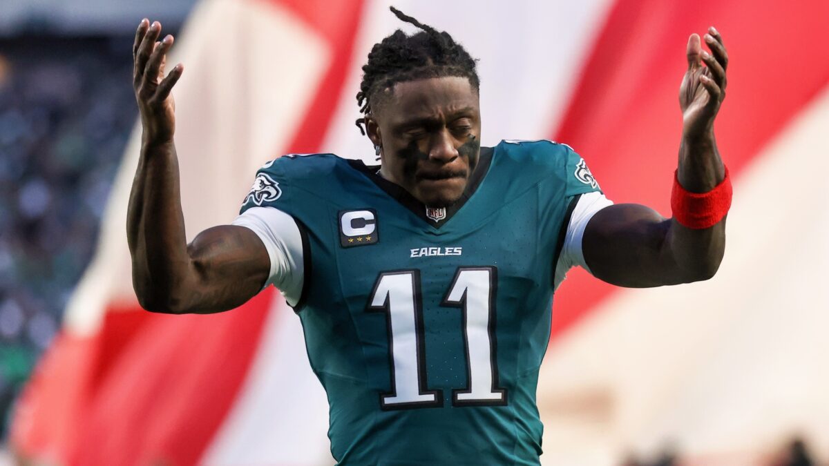 Philadelphia Eagles wide receiver A.J. Brown with his hands in the air.