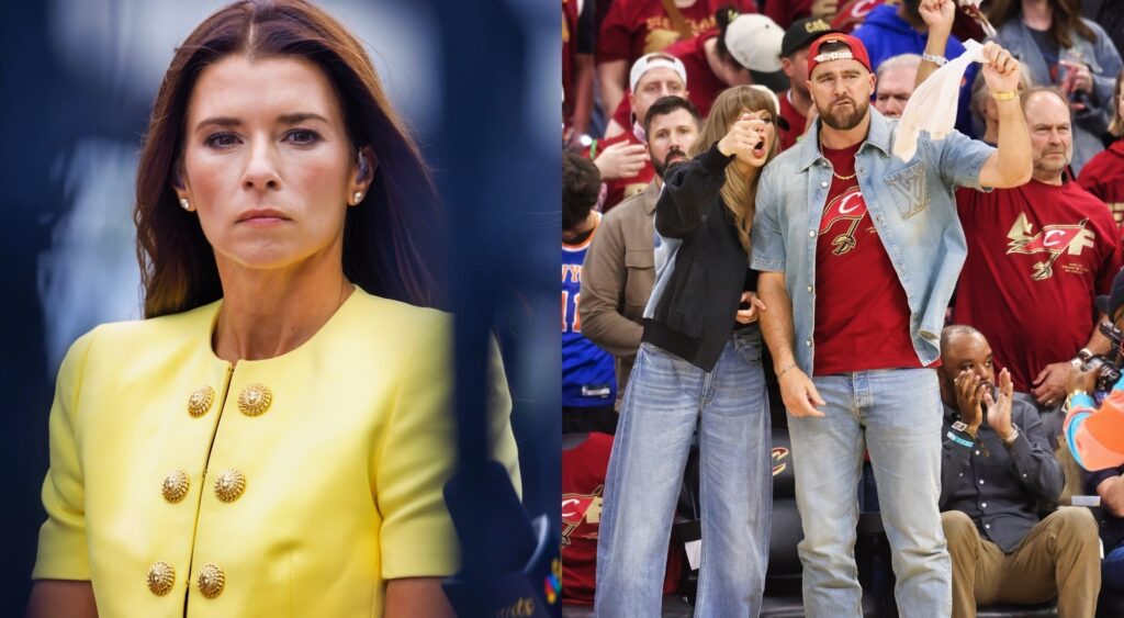 Danica Patrick in a yellow suit and Travis Kelce, Taylor Swift at a Cavs game.