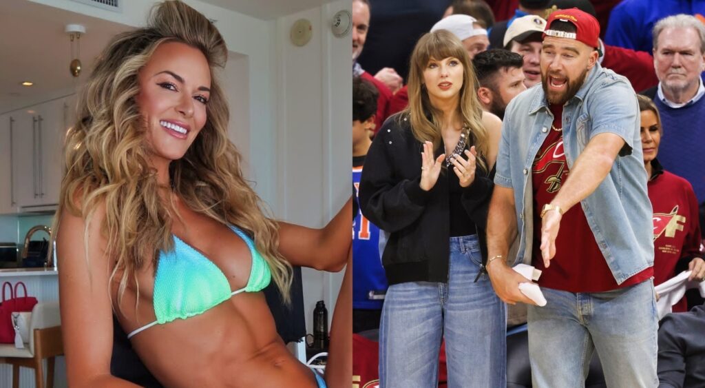 Jena Sims in a bikini. Taylor Swift and Travis Kelce standing courtside.