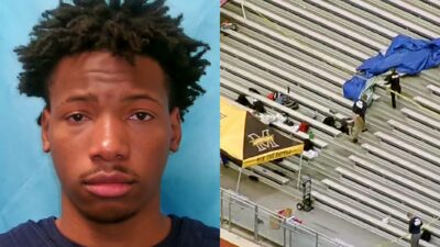 Karmelo Anthony's mugshot and Track Meet bleachers