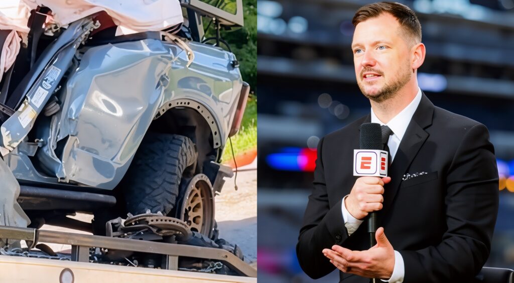 Photos of Matt Miller's car and Matt Miller holding ESPN mic