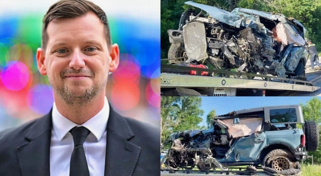 Split image of Matt Miller & wrecked SUV