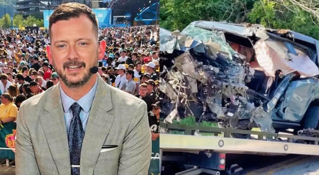 Matt Miller in a suit on set and his wreked vehicle.