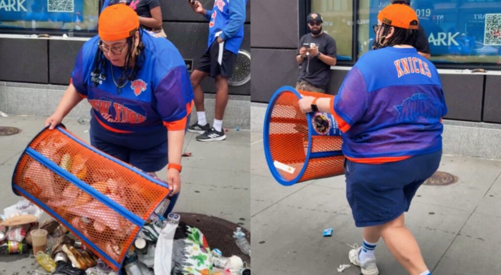 Photos of New York Knicks fan taking trash can