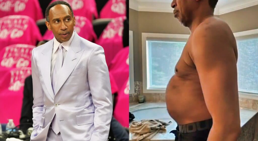 Stephen A Smith ina suit and showing his belly