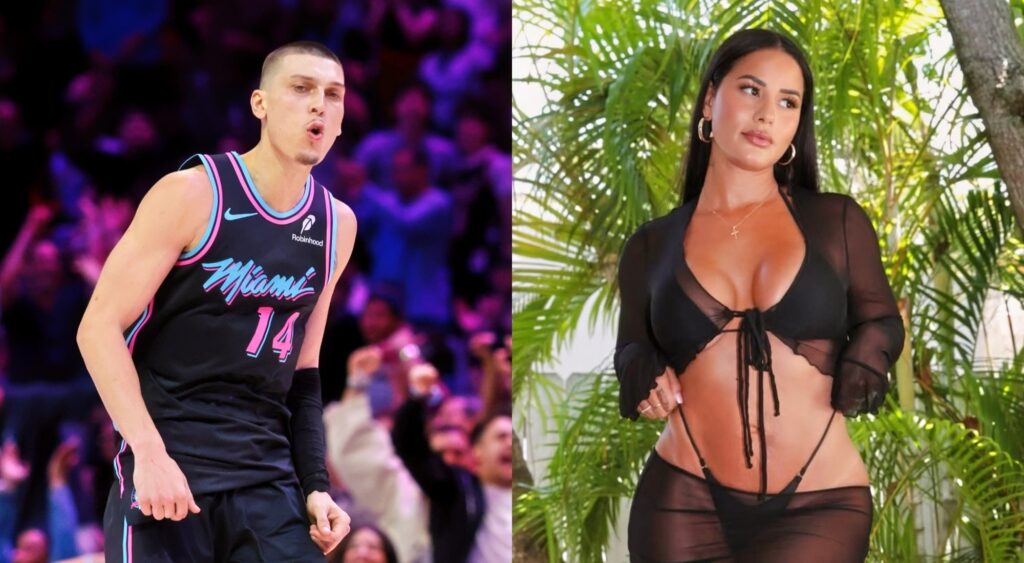 Tyler Herro in uniform and Katya Elise Henry in a bikini.