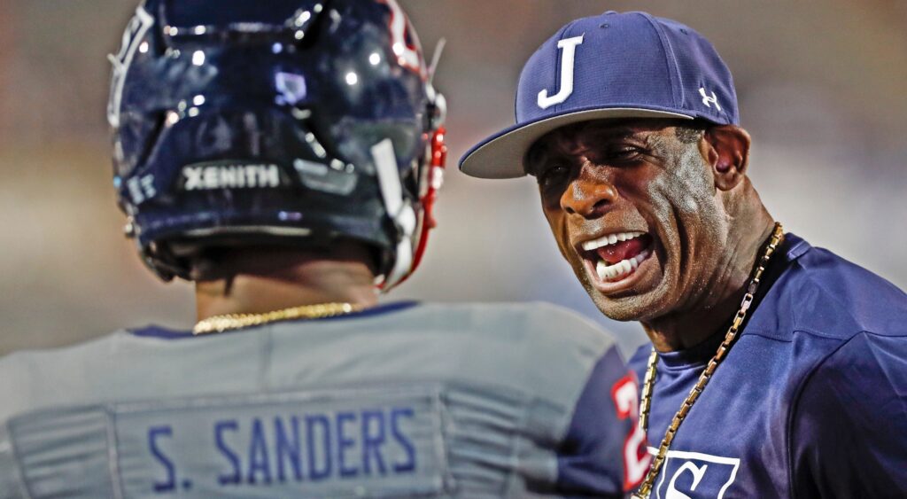 Deion Sanders screaming at Shilo Sanders