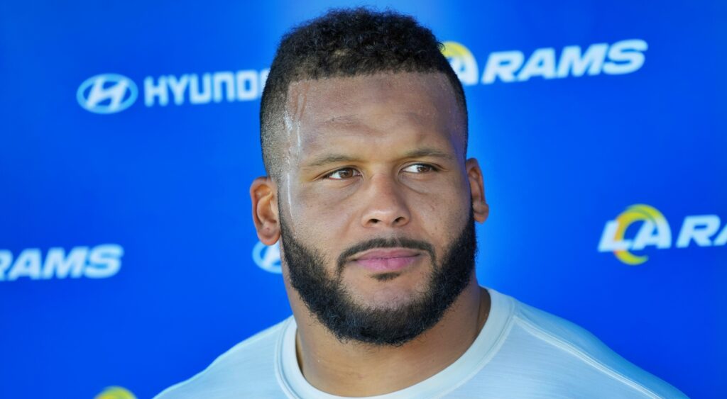 Los Angeles Rams defensive end Aaron Donald at a press conference