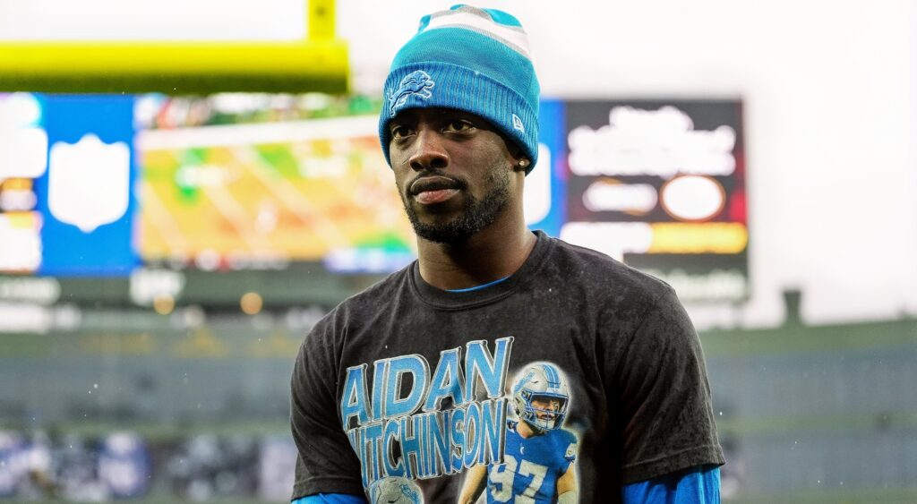 Detroit Lions cornerback Terrion Arnold walks off the field during warmups.
