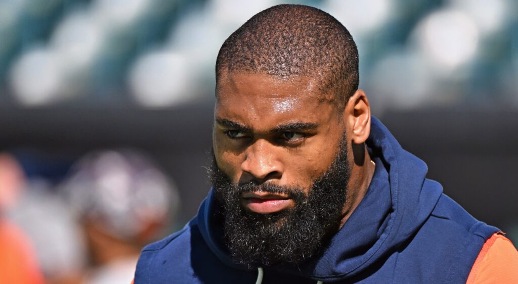 Denver Broncos linebacker Jonathon Cooper in hoodie.