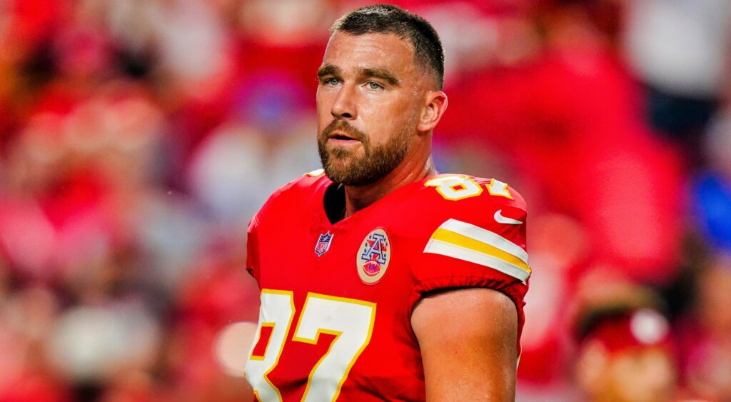 Kansas City Chiefs tight end Travis Kelce with his helmet off.