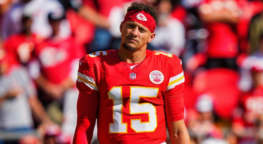 Patrick Mahomes in Chiefs' uniform on the field.
