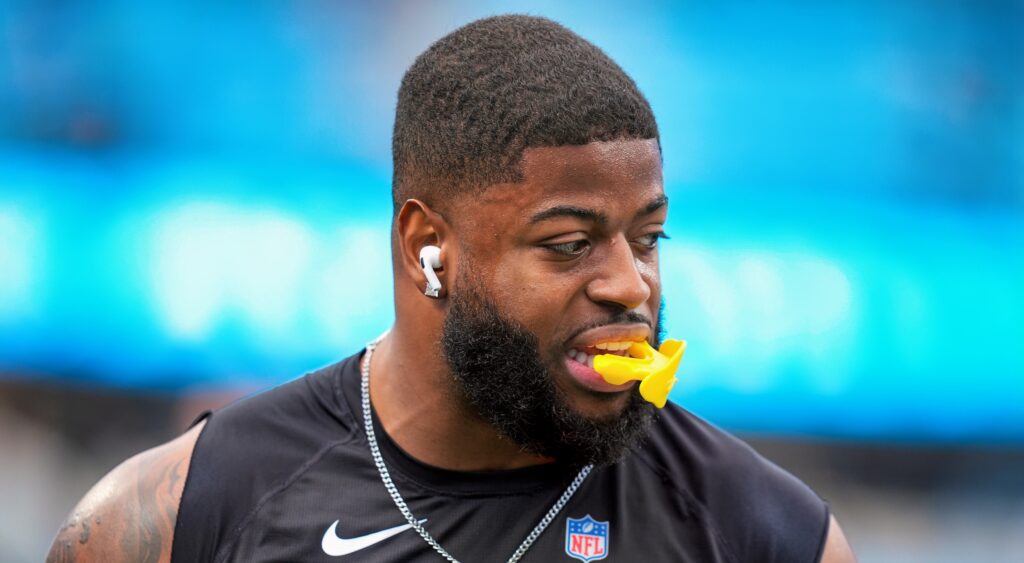 Los Angeles Rams linebacker Jared Verse with a mouthpiece in his mouth