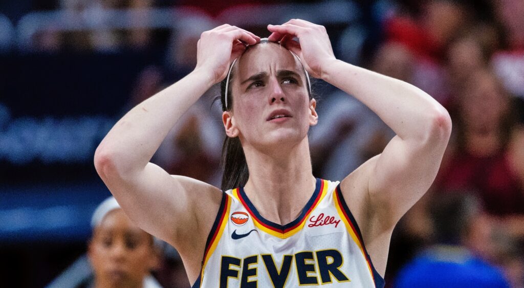 Indiana Fever guard Caitlin Clark looking up.