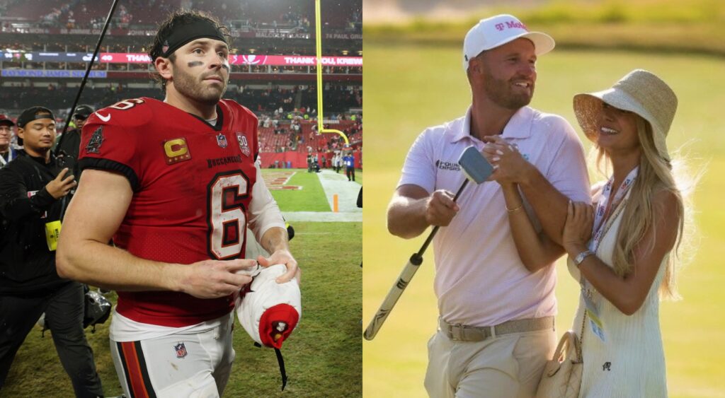 Baker Mayfield after a game, and Wyndham Clark and Emily Tanner after winning the US Open.