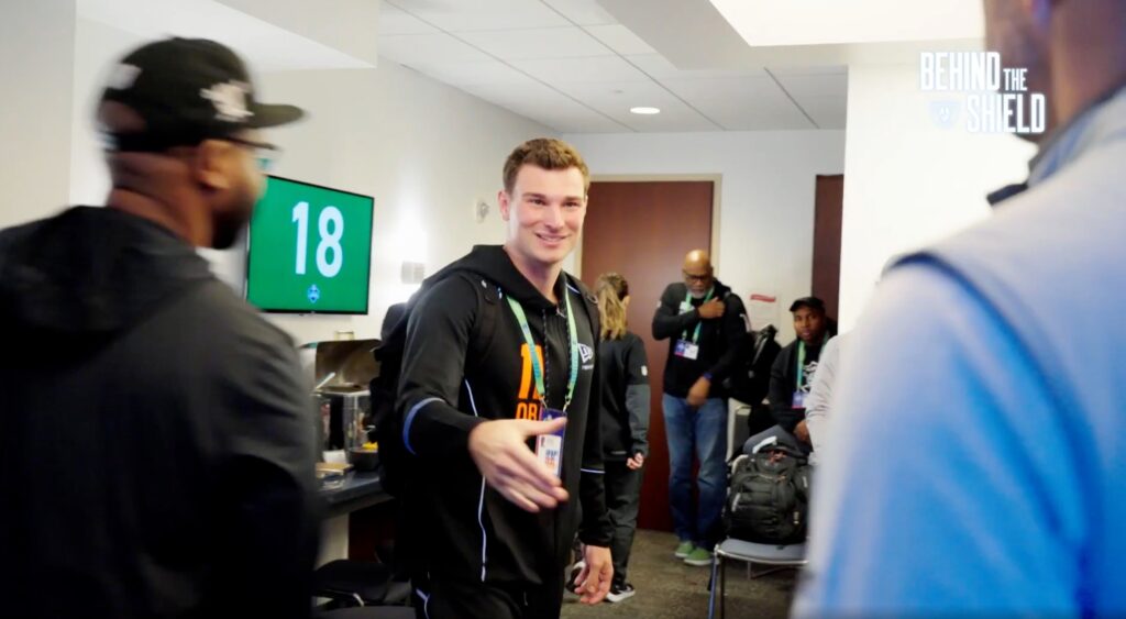 Fernando Mendoza meeting Raiders staff at the combine.