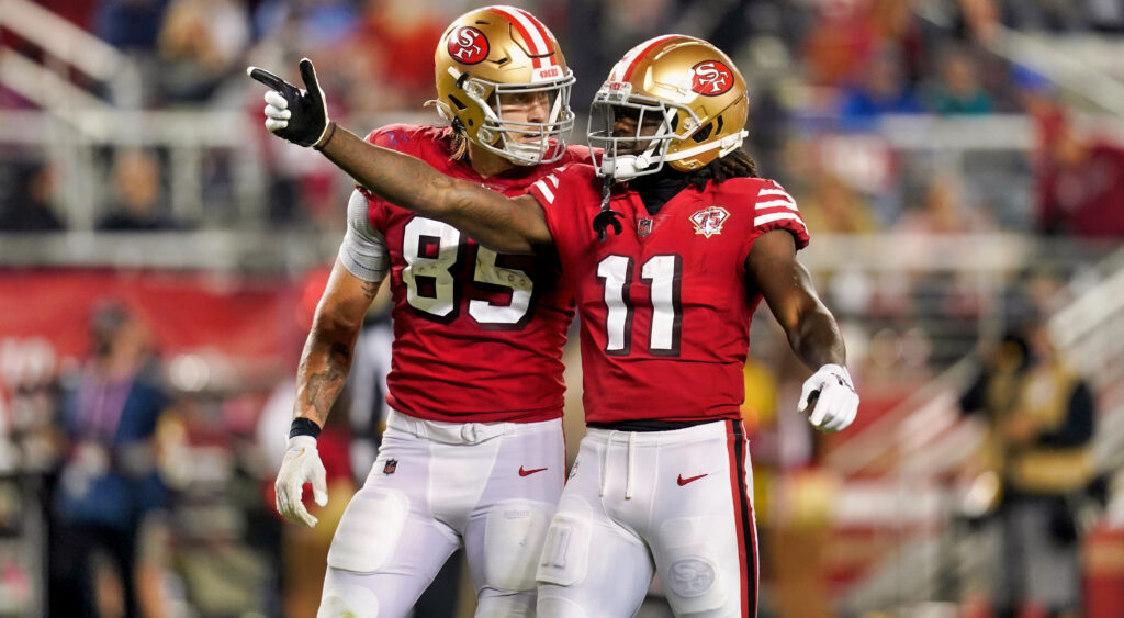 George Kittle and Brandon Aiyuk during a game against the Los Angeles Rams.