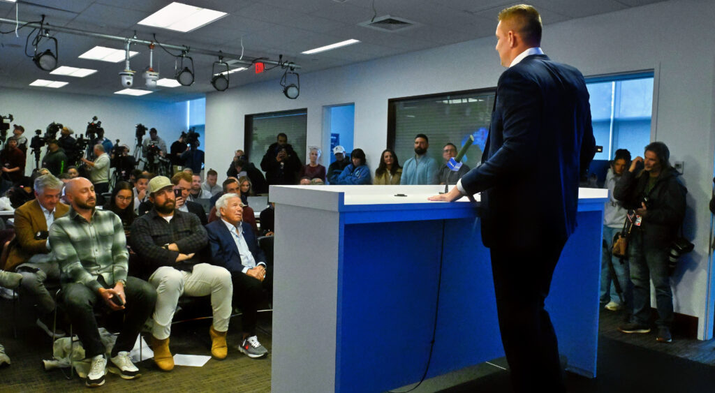 Rob Gronkowski addresses New England Patriots reporters.